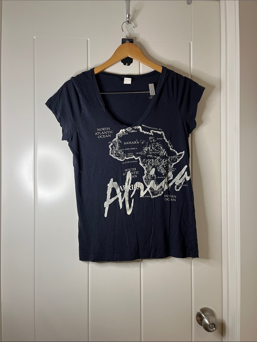 J. Crew Navy V-Neck Tee with White Africa Map Graphic